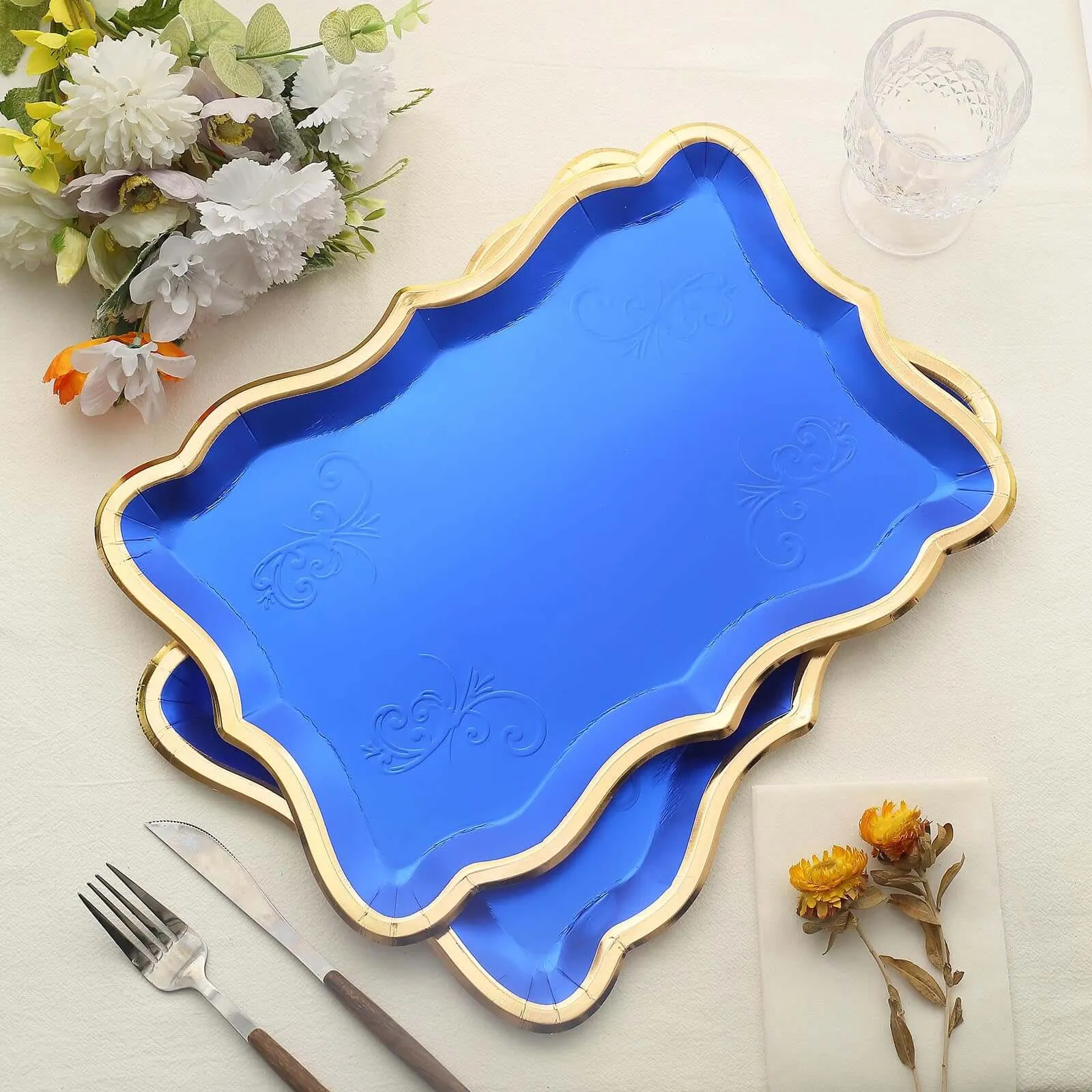 10 Pack Elegant Royal Blue Gold Rim Heavy Duty Paper Serving Trays, 400 GSM Disposable Rectangular Party Platters - 14"x10"
