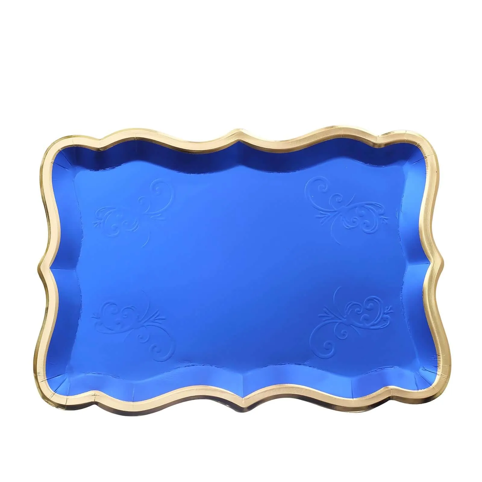 10 Pack Elegant Royal Blue Gold Rim Heavy Duty Paper Serving Trays, 400 GSM Disposable Rectangular Party Platters - 14"x10"