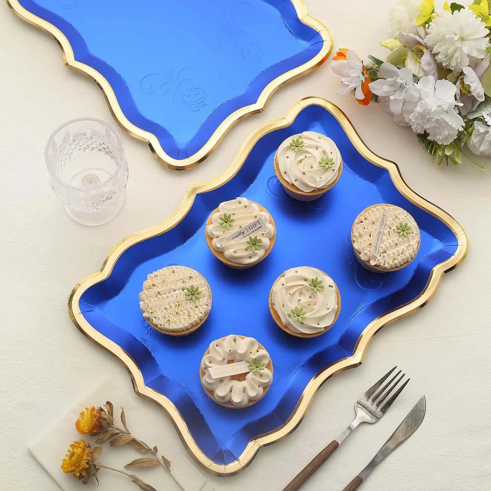 10 Pack Elegant Royal Blue Gold Rim Heavy Duty Paper Serving Trays, 400 GSM Disposable Rectangular Party Platters - 14"x10"