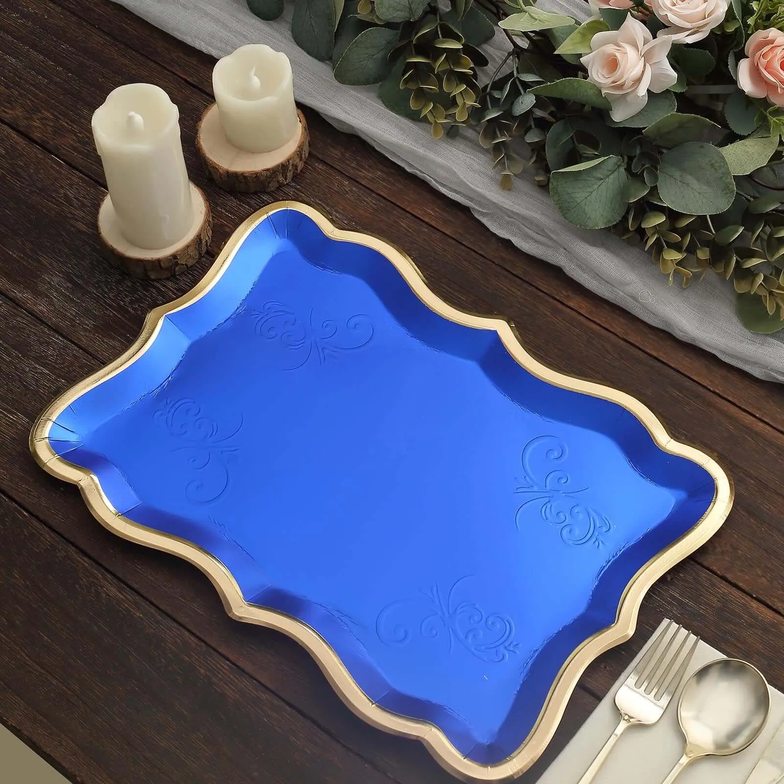 10 Pack Elegant Royal Blue Gold Rim Heavy Duty Paper Serving Trays, 400 GSM Disposable Rectangular Party Platters - 14"x10"
