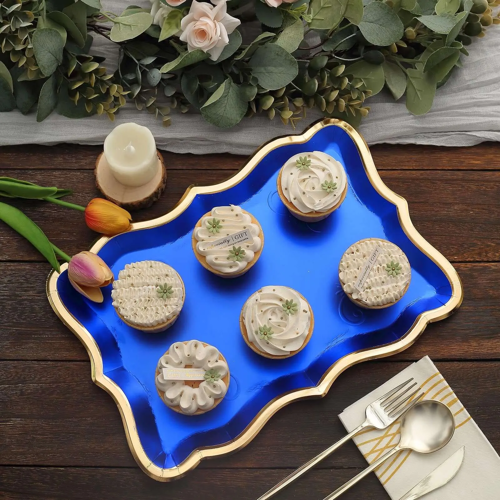 10 Pack Elegant Royal Blue Gold Rim Heavy Duty Paper Serving Trays, 400 GSM Disposable Rectangular Party Platters - 14"x10"