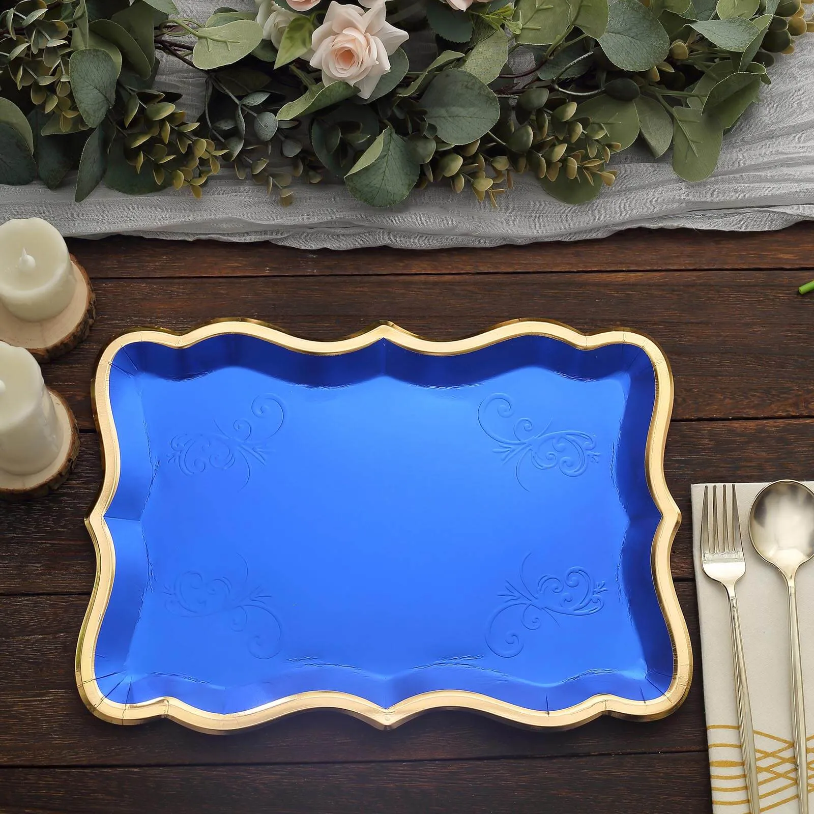 10 Pack Elegant Royal Blue Gold Rim Heavy Duty Paper Serving Trays, 400 GSM Disposable Rectangular Party Platters - 14"x10"