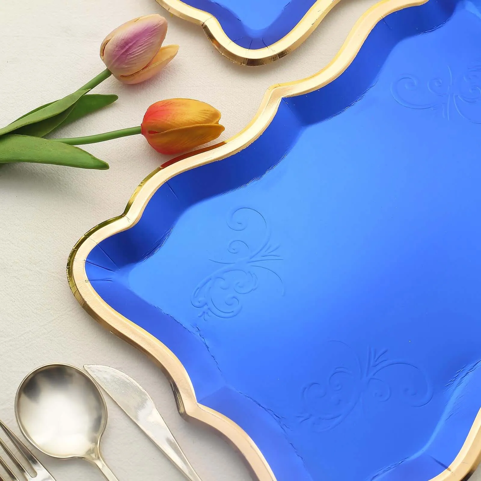 10 Pack Elegant Royal Blue Gold Rim Heavy Duty Paper Serving Trays, 400 GSM Disposable Rectangular Party Platters - 14"x10"