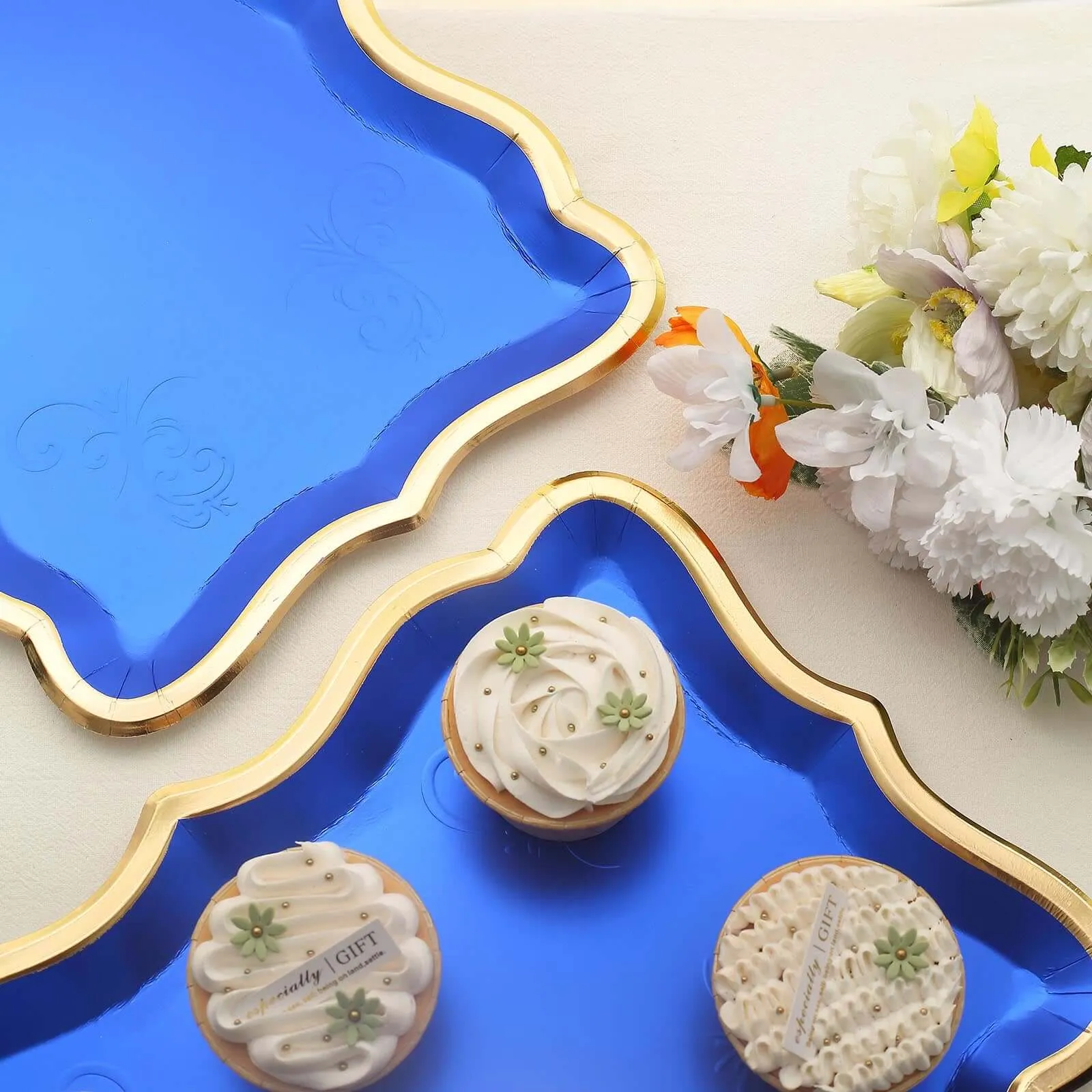10 Pack Elegant Royal Blue Gold Rim Heavy Duty Paper Serving Trays, 400 GSM Disposable Rectangular Party Platters - 14"x10"