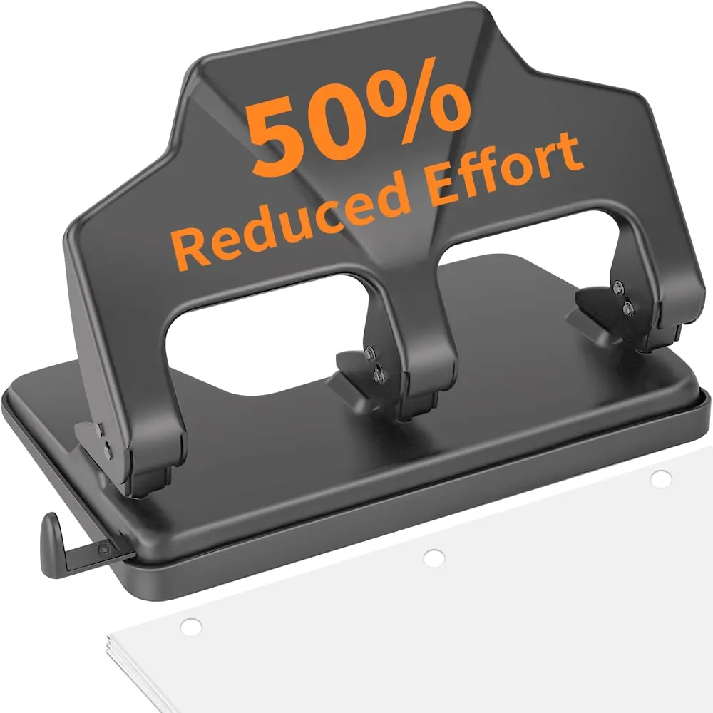 AFMAT Heavy Duty Reduced Effort, 40-Sheet 3-Hole, 3-Ring Metal Paper Punch with Chip Tray