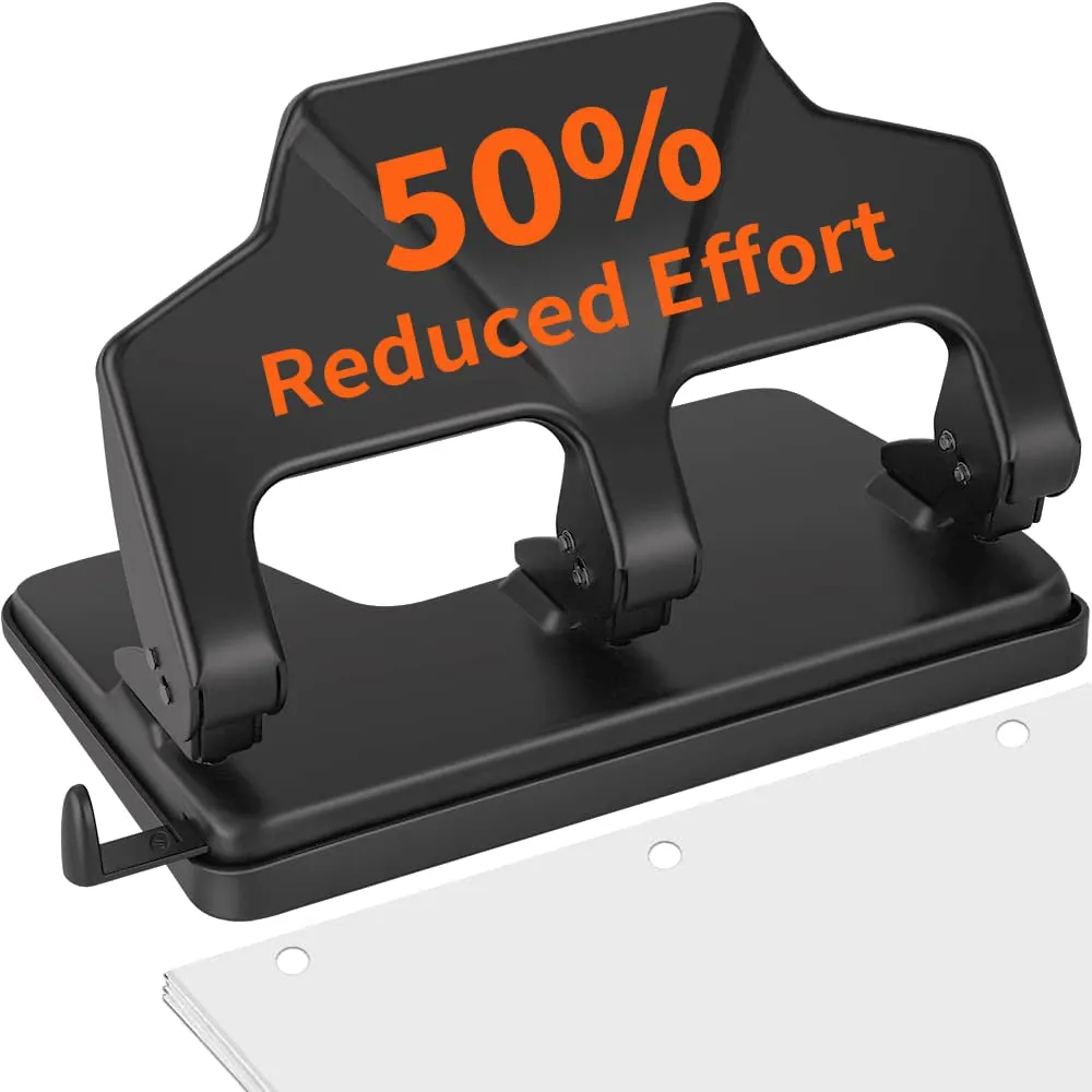 AFMAT Heavy Duty Reduced Effort, 40-Sheet 3-Hole, 3-Ring Metal Paper Punch with Chip Tray