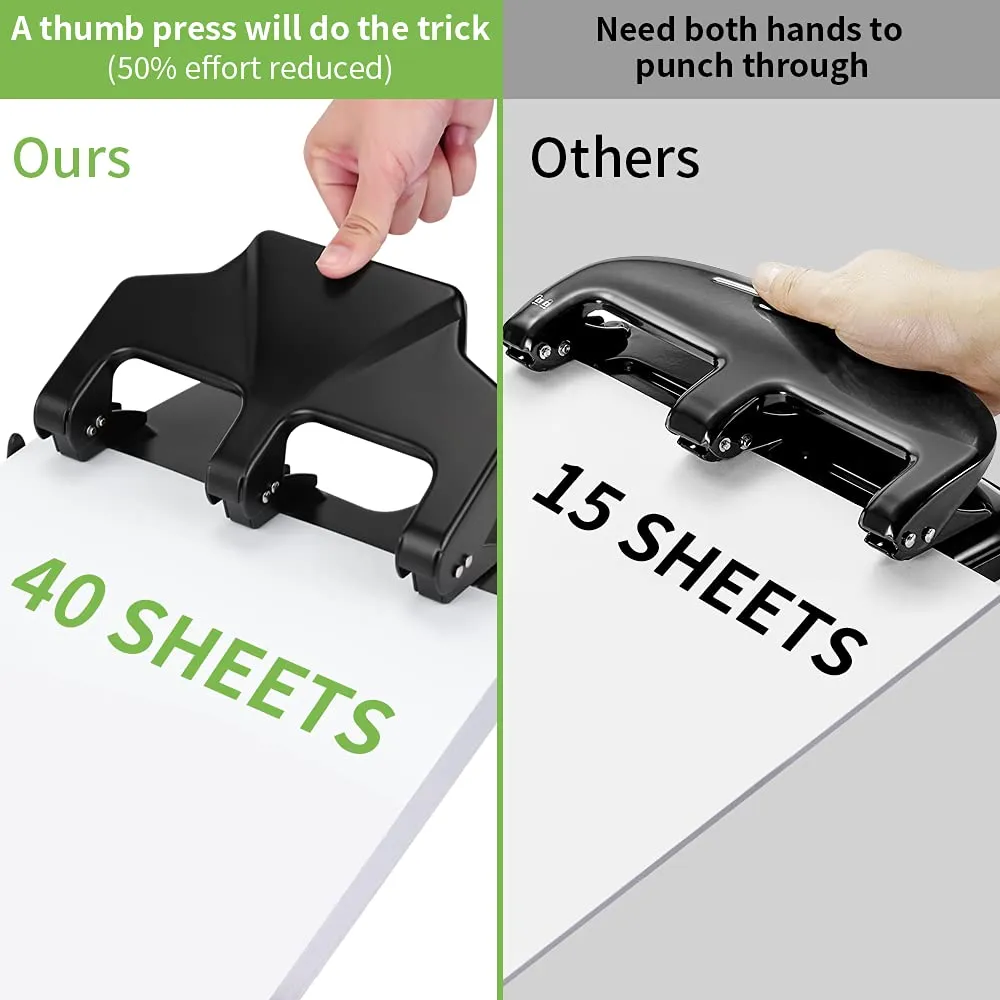 AFMAT Heavy Duty Reduced Effort, 40-Sheet 3-Hole, 3-Ring Metal Paper Punch with Chip Tray
