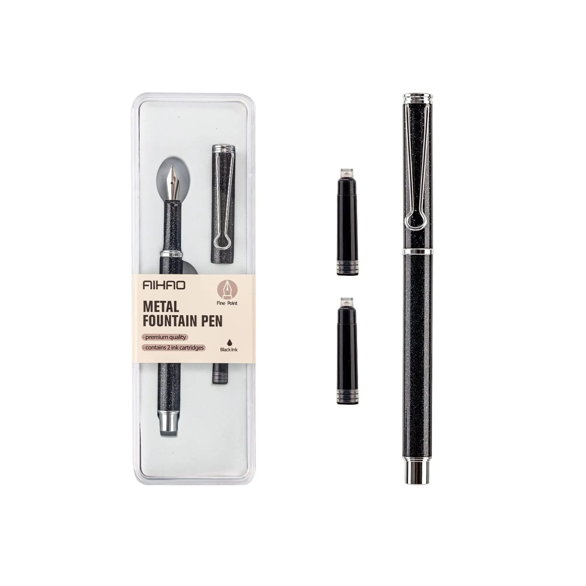 AIHAO Refillable Fountain Pen | Fine Point | Metal Fountain Pen with Gift Box | Black Ink | 2 Ink Cartridges in one Set | Pearl Pink