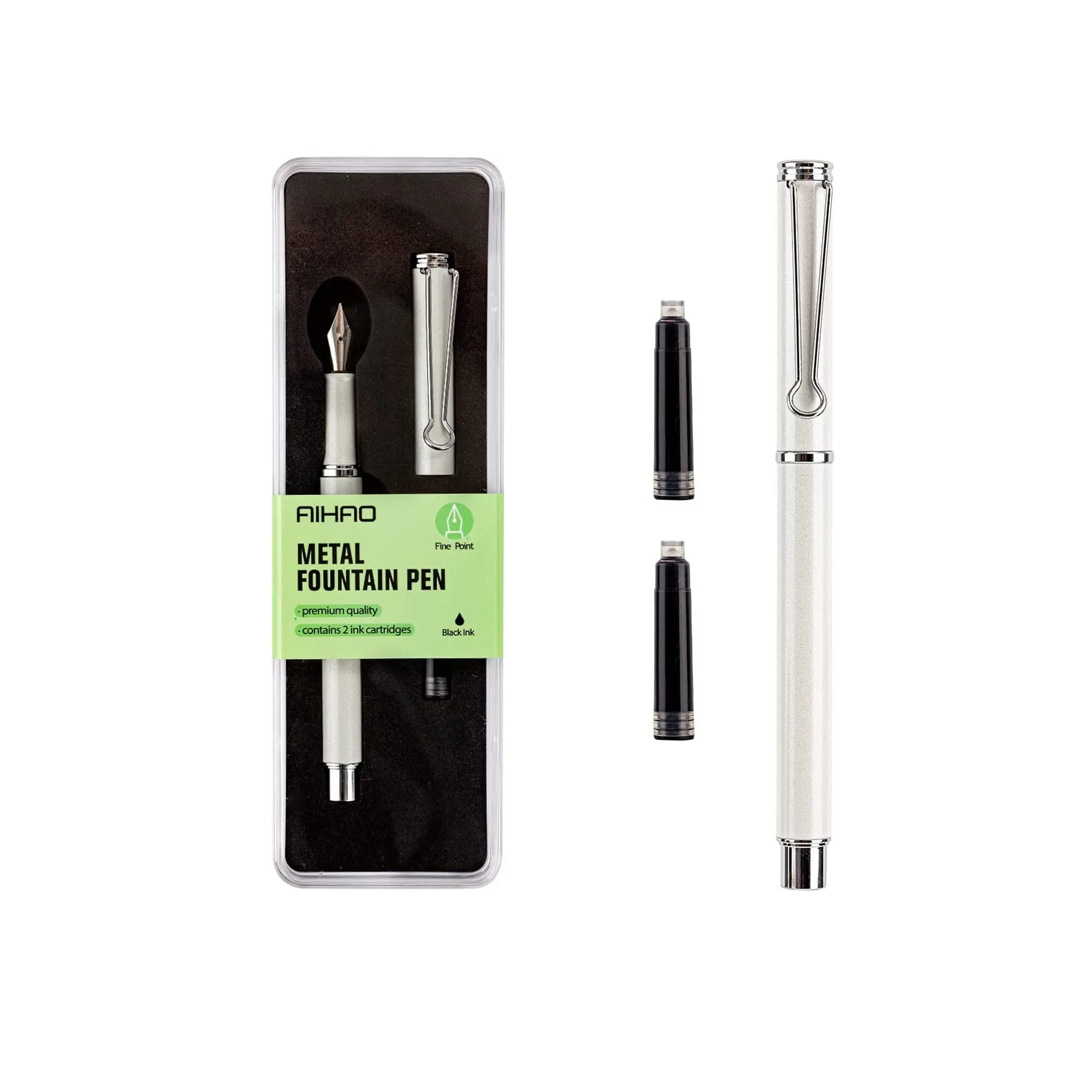 AIHAO Refillable Fountain Pen | Fine Point | Metal Fountain Pen with Gift Box | Black Ink | 2 Ink Cartridges in one Set | Pearl Pink