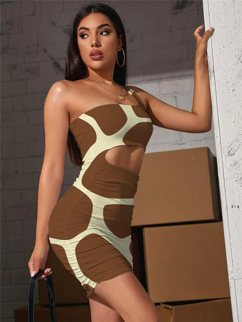 Animal Dress Women Giraffe Hollow out Dresses Brindle Halter Sleeveless Psychedelic Vestido Sexy