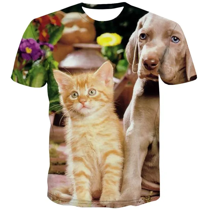 animal t shirt docile pets top tee men art costume Cool cat and dog