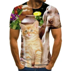 animal t shirt docile pets top tee men art costume Cool cat and dog