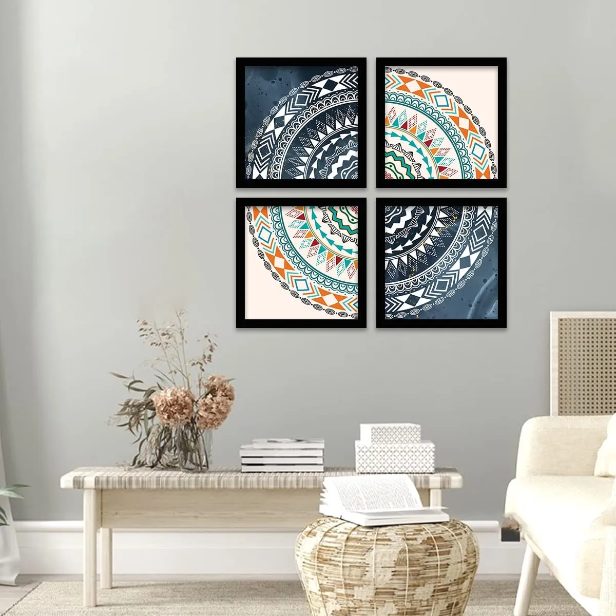 Avni Creations Mandala Art Painting with Frame For Living Room, Bedroom, Office/Mandala Art Wall Frames For Room Decor/Home Decoration Item (11 x 11 inch,Set of 4)