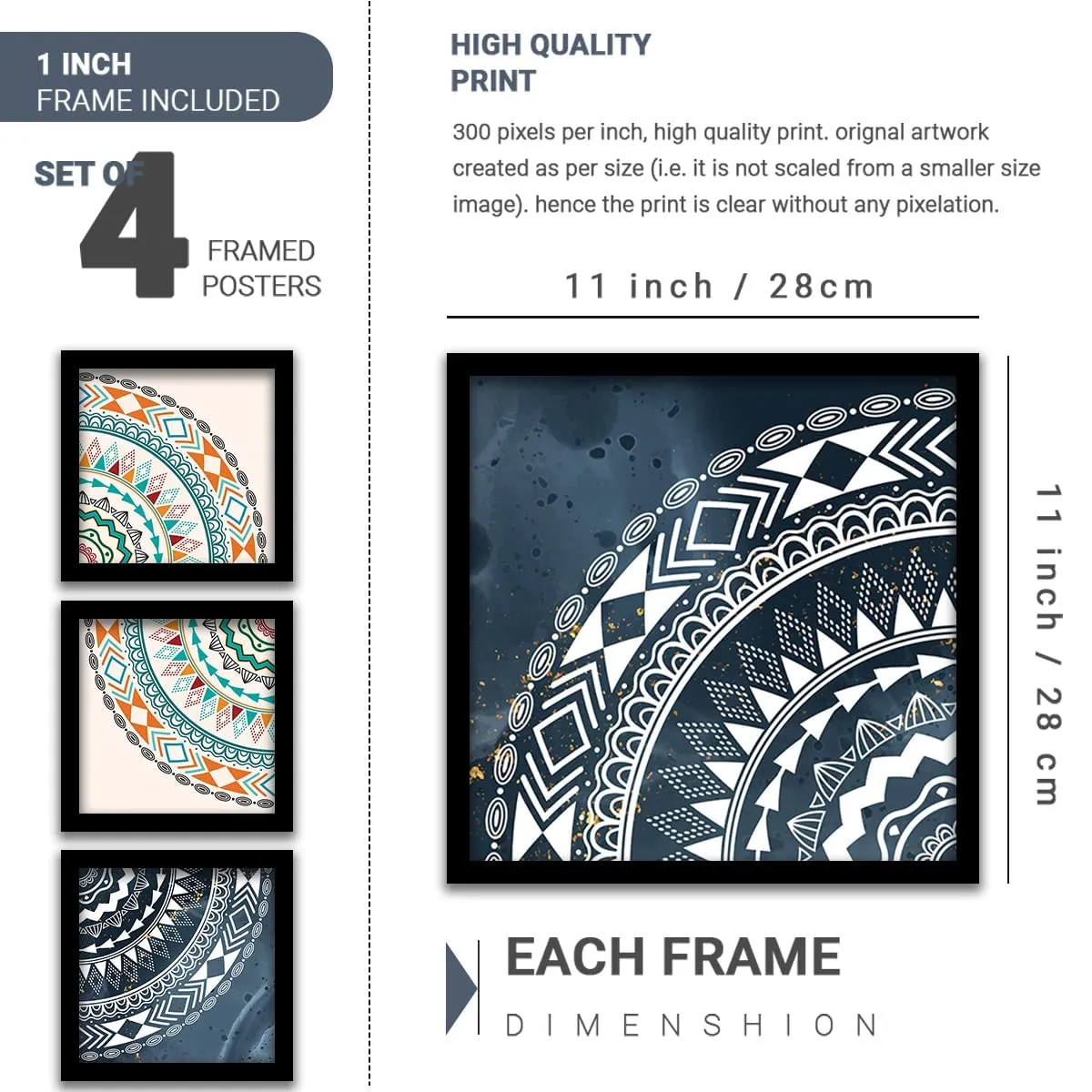 Avni Creations Mandala Art Painting with Frame For Living Room, Bedroom, Office/Mandala Art Wall Frames For Room Decor/Home Decoration Item (11 x 11 inch,Set of 4)