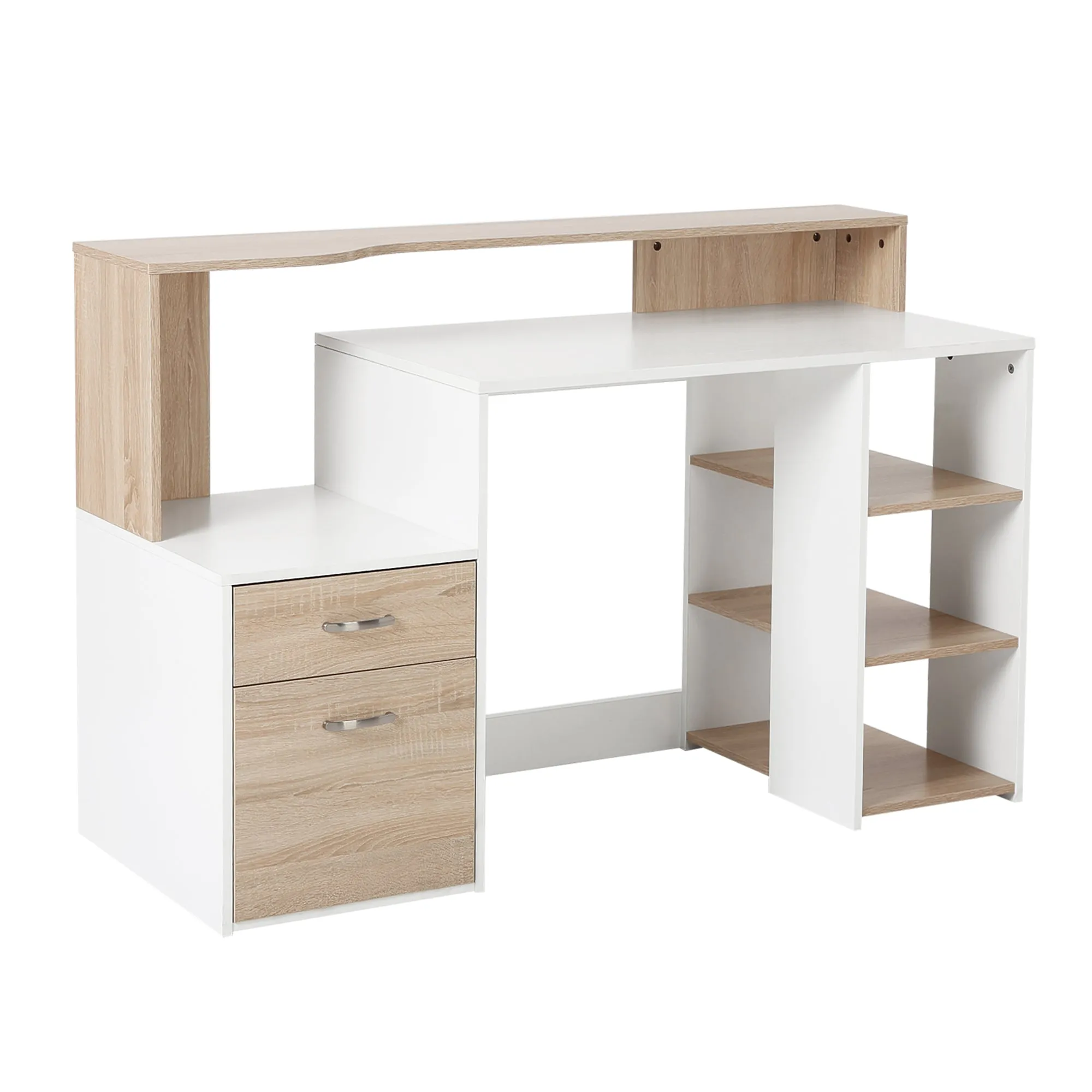 Computer Desk PC Table Modern Home Office Writing Workstation Furniture Printer Shelf Rack w/ Storage Drawer & Shelves (Oak and white)