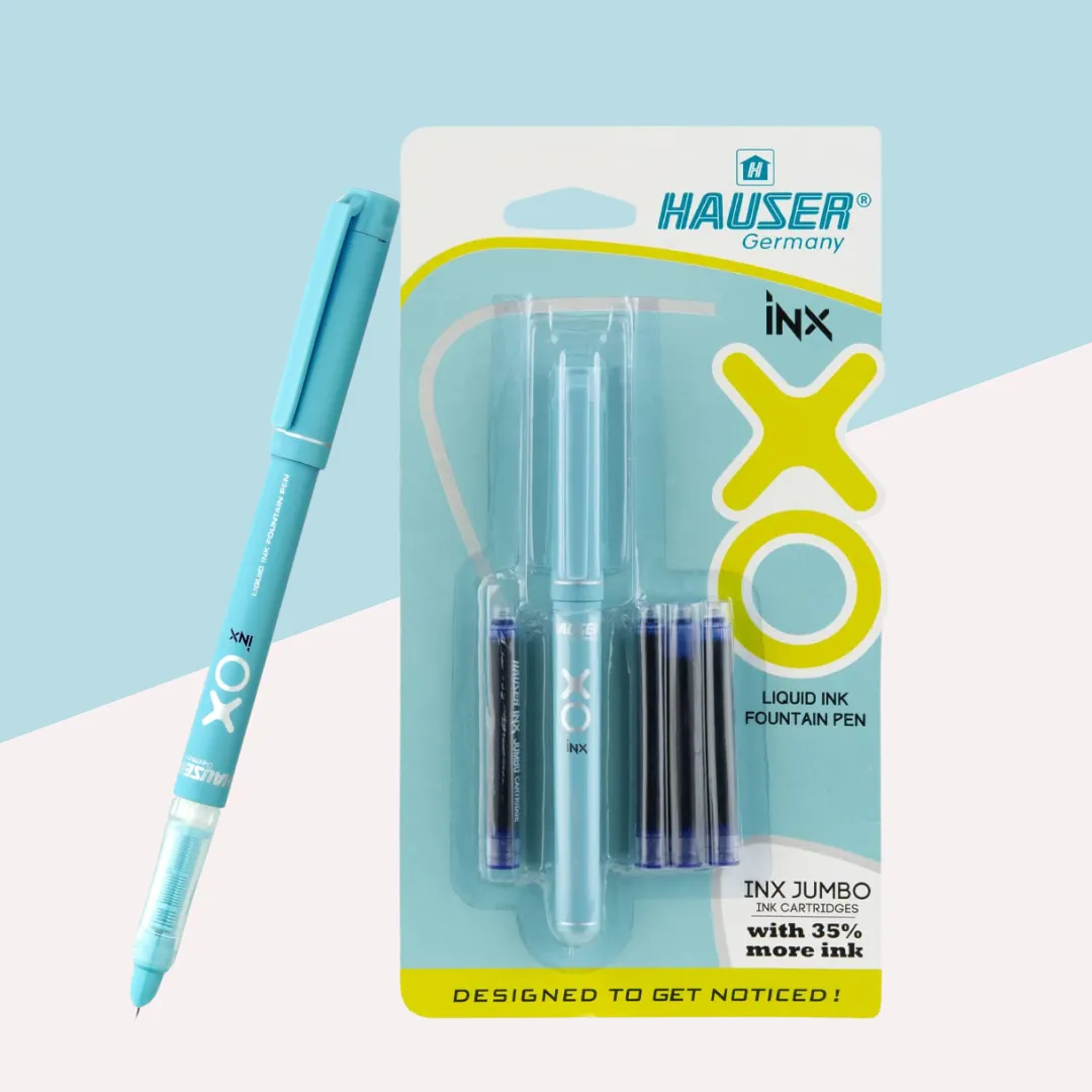 Hauser XO Liquid Ink Fountain Pen - Blue (Pack of 1 Includes 3 Jumbo Cartridges & 1 Ink Converter)