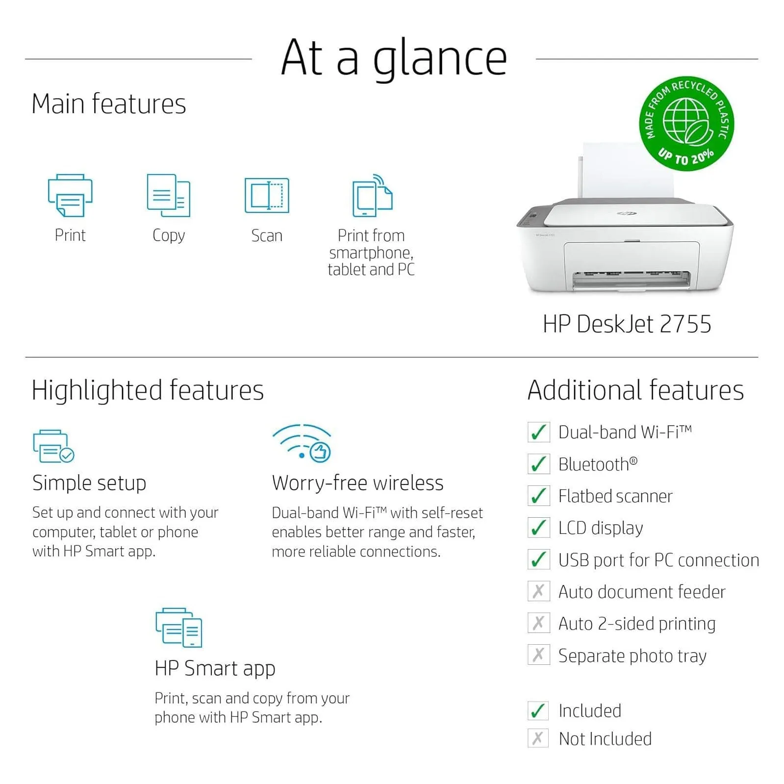 HP DeskJet 2755 All-in-One Inkjet Printer Scanner and Copier (Refurbished)
