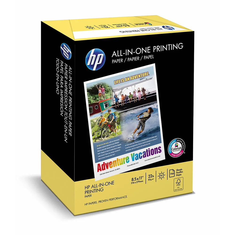 HP Printer Paper All In One22 22 lb 8.5 x 11 Letter 96 Bright 750 Sheets