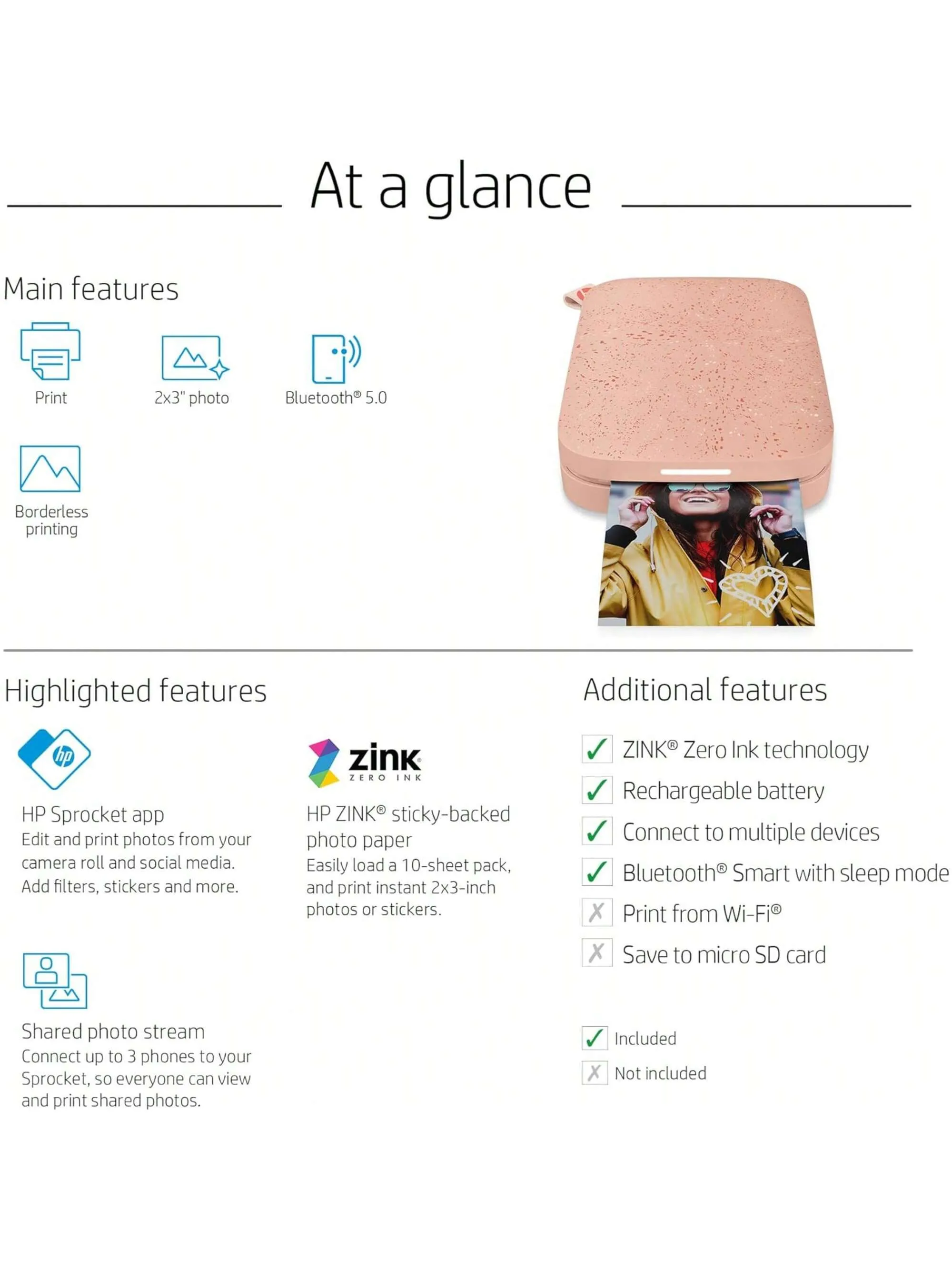 HP Sprocket Portable 2x3" Instant Color Photo Printer, Compact & Portable Printer