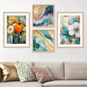 Kalit Kala Decor Paintings Modern Art Wall Decor Framed Paintings For Bedroom Living Room-Framed Wall Posters/Paintings With Frame-Paintings For Wall Decoration,Set Of 4 (Sea Flower)-Engineered Wood