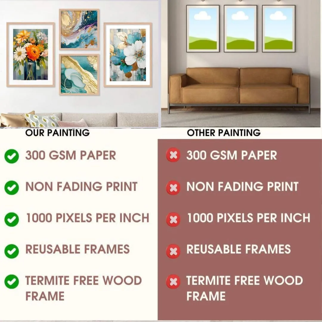 Kalit Kala Decor Paintings Modern Art Wall Decor Framed Paintings For Bedroom Living Room-Framed Wall Posters/Paintings With Frame-Paintings For Wall Decoration,Set Of 4 (Sea Flower)-Engineered Wood