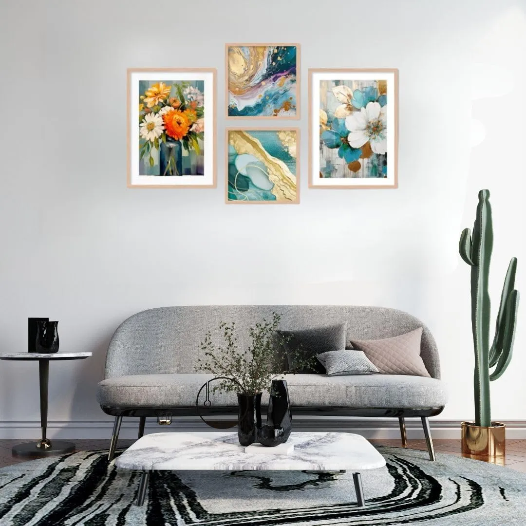 Kalit Kala Decor Paintings Modern Art Wall Decor Framed Paintings For Bedroom Living Room-Framed Wall Posters/Paintings With Frame-Paintings For Wall Decoration,Set Of 4 (Sea Flower)-Engineered Wood