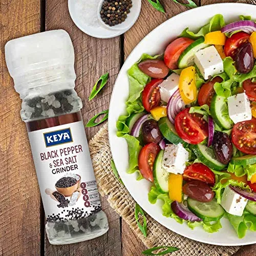 Keya Black Pepper & Sea Salt Grinder 80g | Perfect for Seasoning Vegetables, Soups, Curries, Seafood & More | Twist-Top Grinders for Effortless Flavor Enhancement in Every Dish