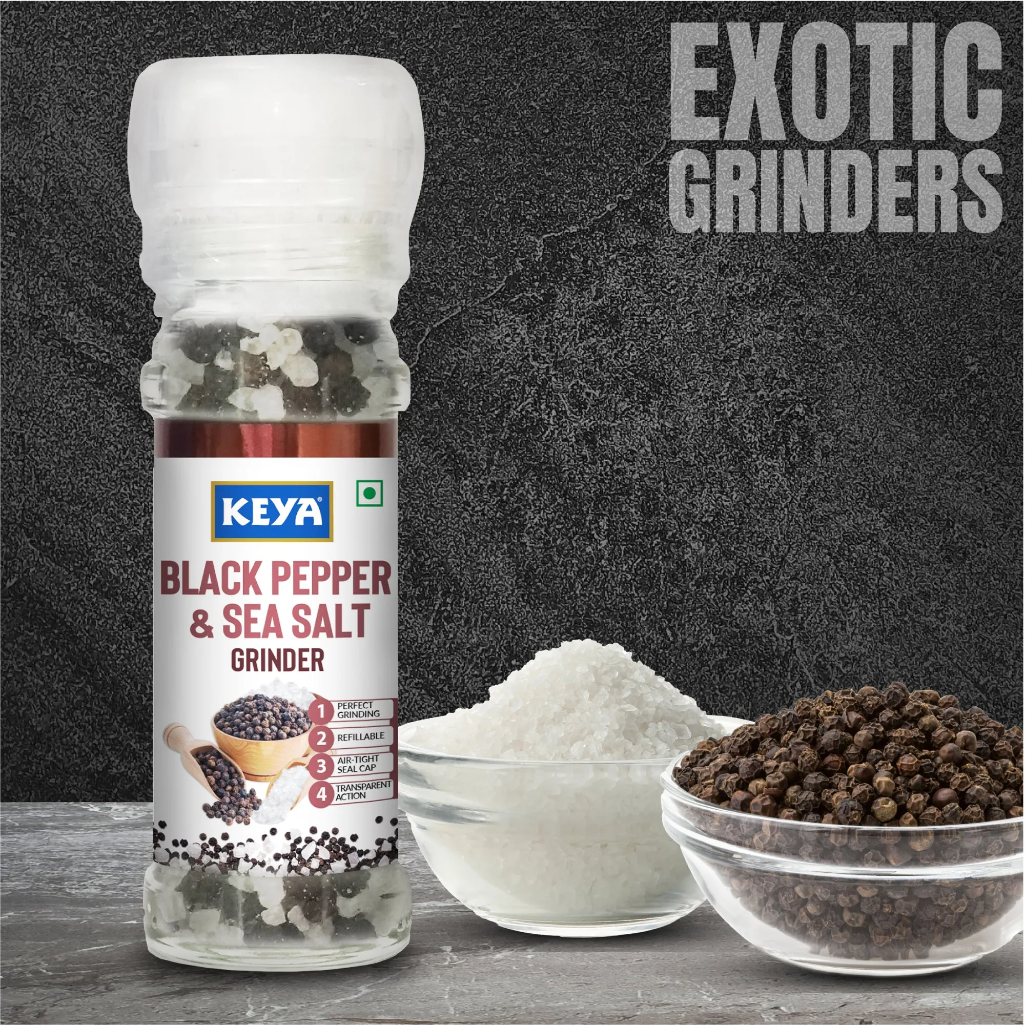 Keya Black Pepper & Sea Salt Grinder 80g | Perfect for Seasoning Vegetables, Soups, Curries, Seafood & More | Twist-Top Grinders for Effortless Flavor Enhancement in Every Dish