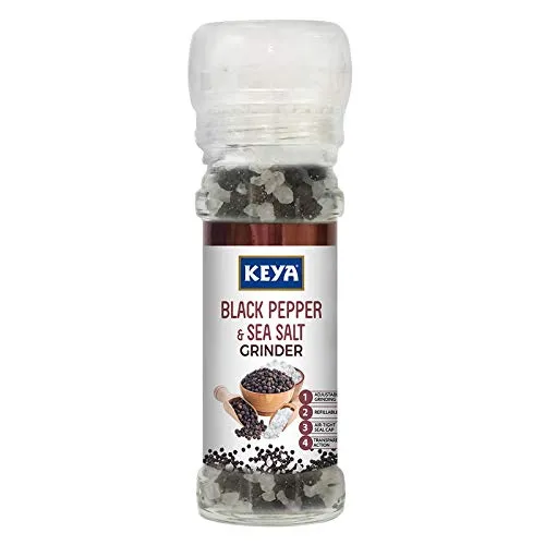 Keya Black Pepper & Sea Salt Grinder 80g | Perfect for Seasoning Vegetables, Soups, Curries, Seafood & More | Twist-Top Grinders for Effortless Flavor Enhancement in Every Dish