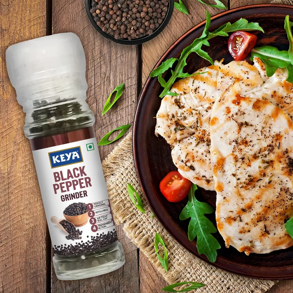 Keya Black Pepper Grinder 50g | Fresh Kali Mirch | Freshly Ground Premium Black Pepper for Enhancing Flavors | Convenient Twist-Top Grinder for Easy Use | Perfect for Cooking, Seasoning, and Garnishing | 50