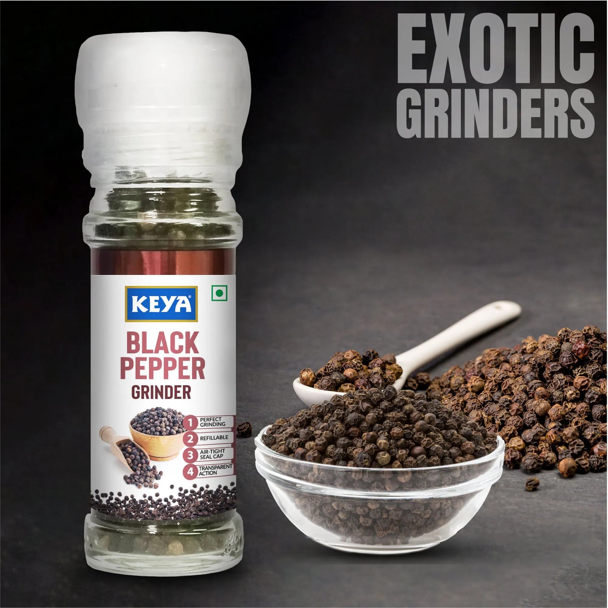 Keya Black Pepper Grinder 50g | Fresh Kali Mirch | Freshly Ground Premium Black Pepper for Enhancing Flavors | Convenient Twist-Top Grinder for Easy Use | Perfect for Cooking, Seasoning, and Garnishing | 50