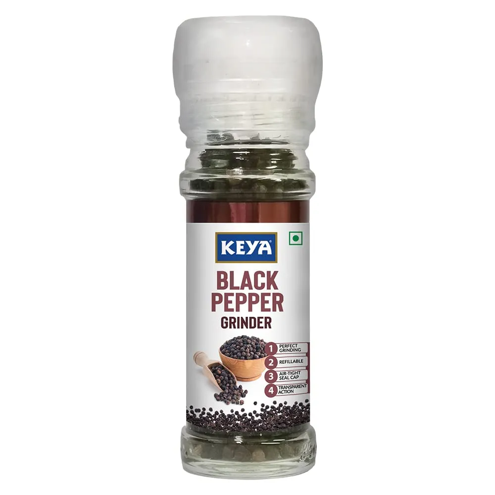 Keya Black Pepper Grinder 50g | Fresh Kali Mirch | Freshly Ground Premium Black Pepper for Enhancing Flavors | Convenient Twist-Top Grinder for Easy Use | Perfect for Cooking, Seasoning, and Garnishing | 50