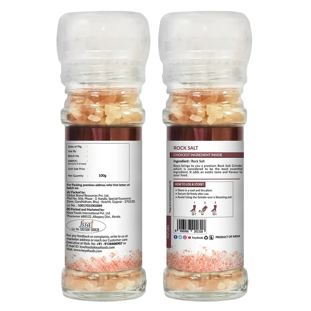 Keya Rock Salt Grinder 100g | Natural, Healthy Alternative to Regular Salt for Cooking, Seasoning & Garnishing | Perfect for Enhancing Flavors in Meals, Snacks, and More | 100g Premium Quality Grinder