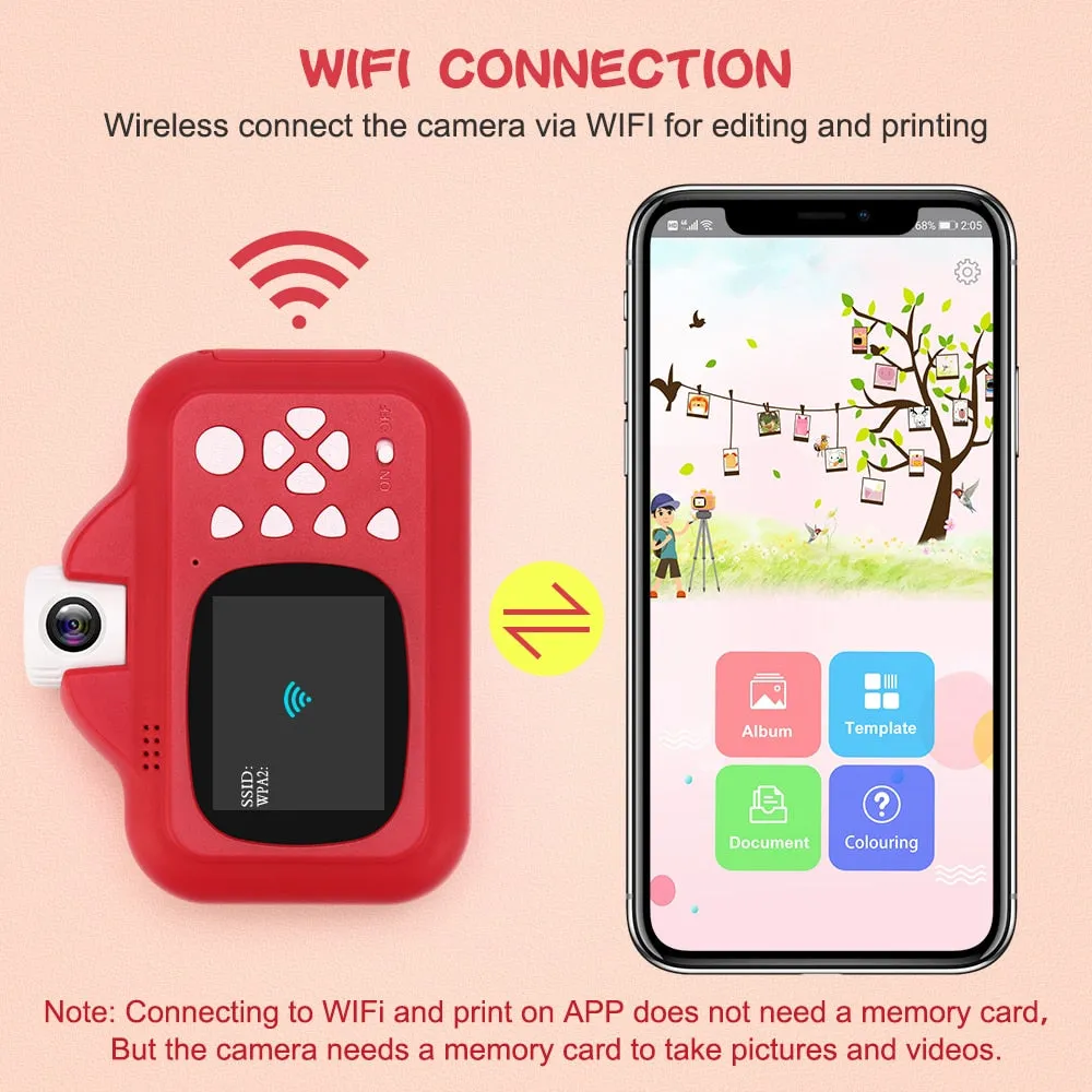 Kids Camera WIFI Instant Print Camera Thermal Printer Wireless WIFI Phone Printer 32GB Card 1080P HD Children Digital Camera Toy