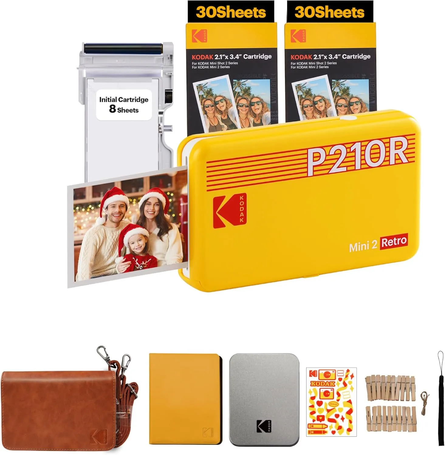 KODAK Mini 2 RETRO Portable Bluetooth NFC Wireless 620mAh Photo Printer Bundle Kit with 68 Film Sheets and Accessories, 2.1" x 3.4" Prints 4PASS Print, Bordered / Borderless Printing, Smartphone App Support (Yellow, Black, White) | P210R