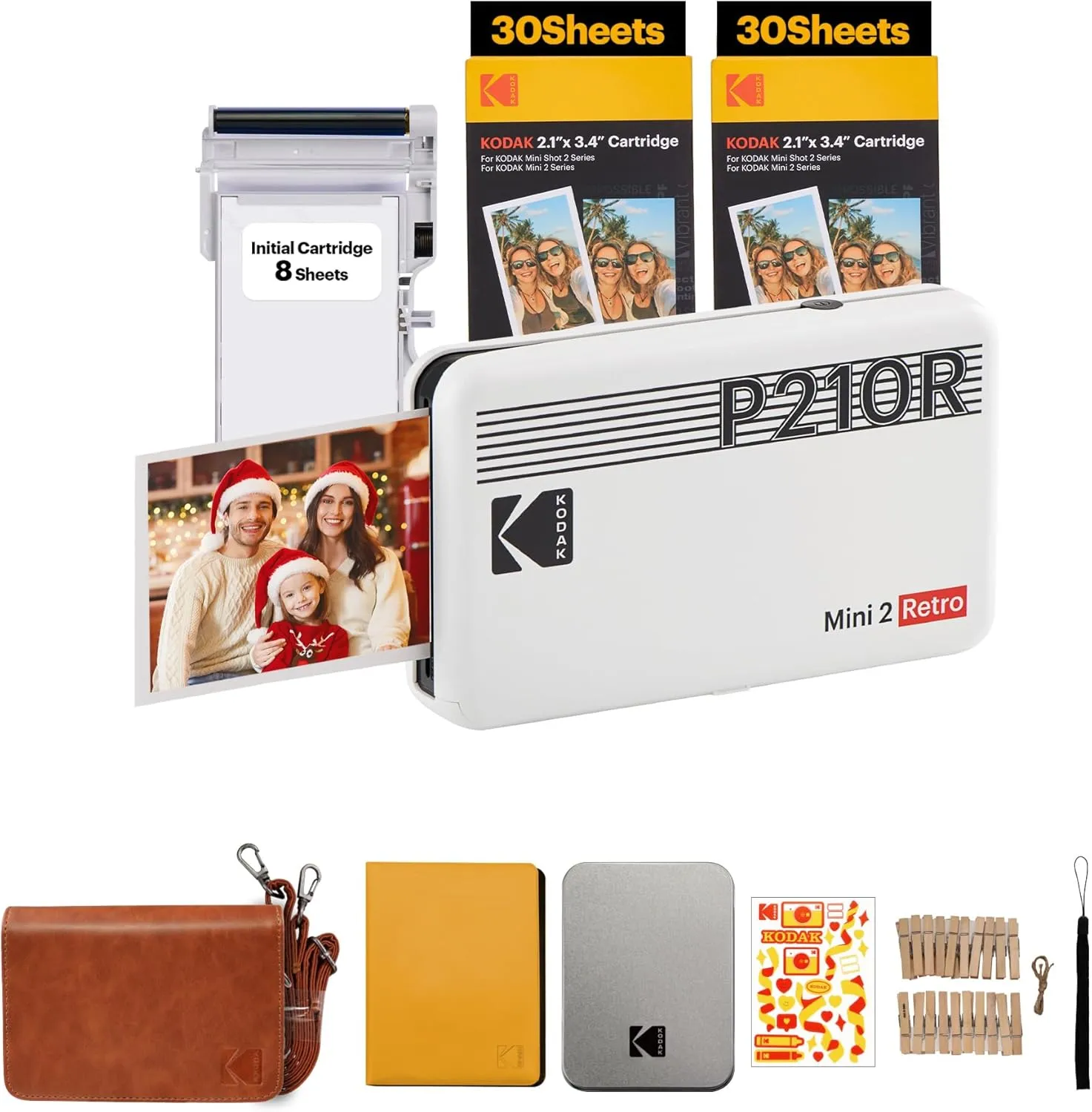 KODAK Mini 2 RETRO Portable Bluetooth NFC Wireless 620mAh Photo Printer Bundle Kit with 68 Film Sheets and Accessories, 2.1" x 3.4" Prints 4PASS Print, Bordered / Borderless Printing, Smartphone App Support (Yellow, Black, White) | P210R