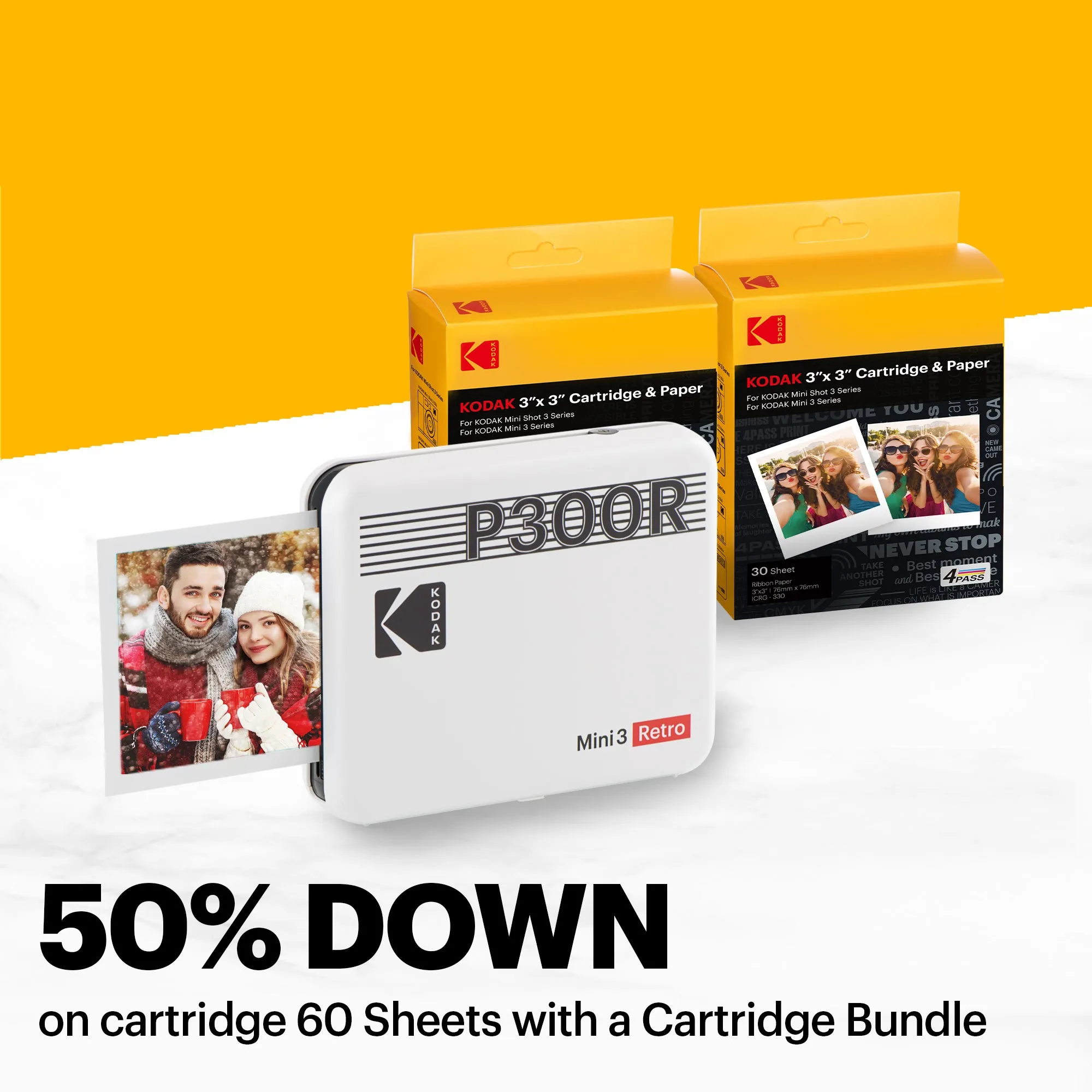 KODAK Mini 3 Retro 4PASS Portable Photo Printer (3x3 inches)   68 Sheets Bundle