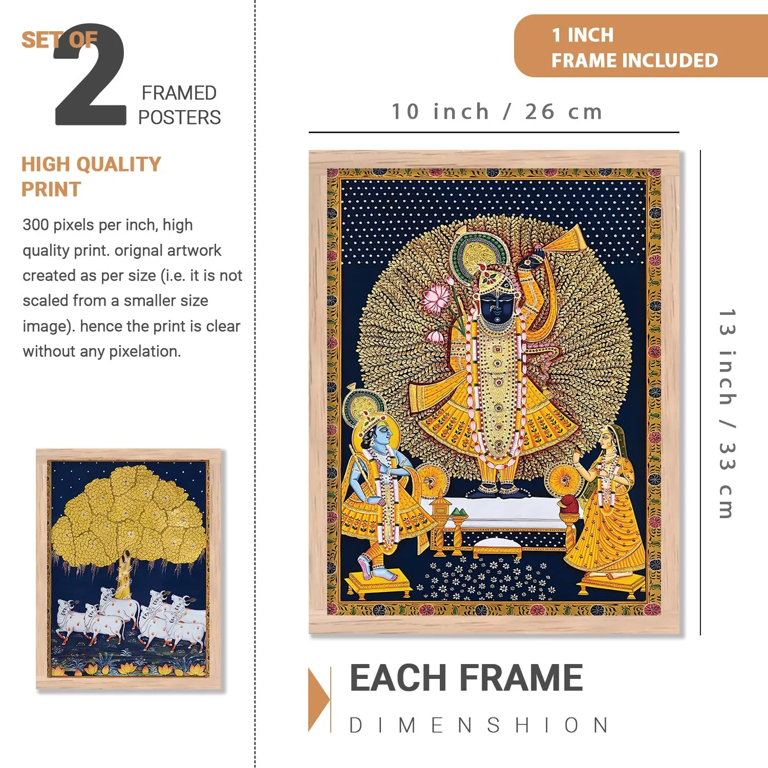 kotart Madhubani Art Framed Painting for Home, Living Room, Hall | Shrinath Ji Pichwai Traditional Paitnings with Frame for Home Decor (Set of 2)