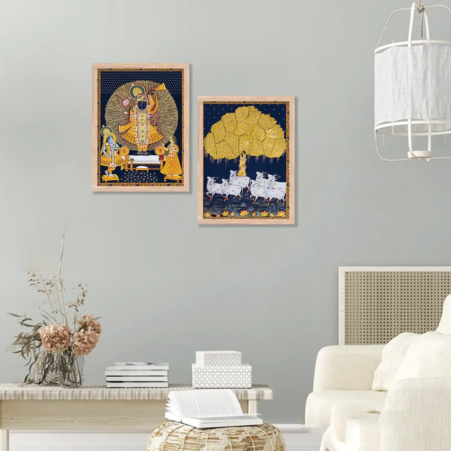 kotart Madhubani Art Framed Painting for Home, Living Room, Hall | Shrinath Ji Pichwai Traditional Paitnings with Frame for Home Decor (Set of 2)