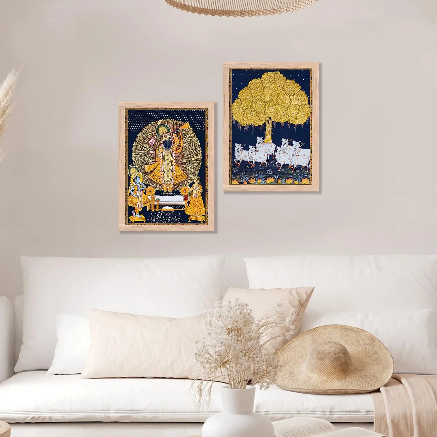 kotart Madhubani Art Framed Painting for Home, Living Room, Hall | Shrinath Ji Pichwai Traditional Paitnings with Frame for Home Decor (Set of 2)