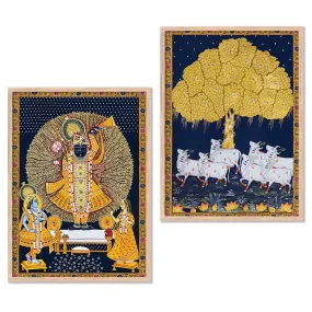 kotart Madhubani Art Framed Painting for Home, Living Room, Hall | Shrinath Ji Pichwai Traditional Paitnings with Frame for Home Decor (Set of 2)