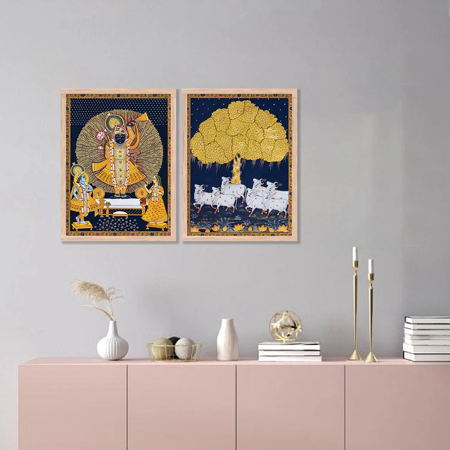 kotart Madhubani Art Framed Painting for Home, Living Room, Hall | Shrinath Ji Pichwai Traditional Paitnings with Frame for Home Decor (Set of 2)