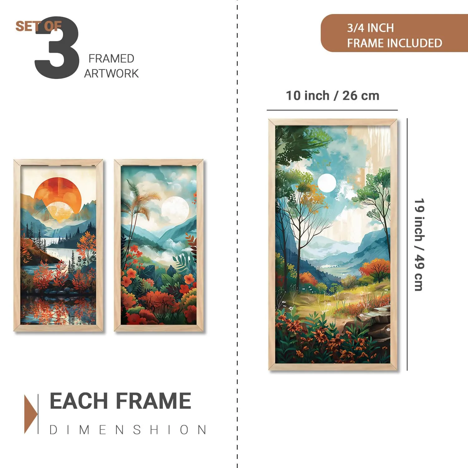 kotart - Nature Modern Wall Art For Wall Decoration | Modern Wall Art Poster With Frames | Home Decor Wall Art Paintings | Nature Inspired Framed Art Set of 3 (10X19 INCH, B)