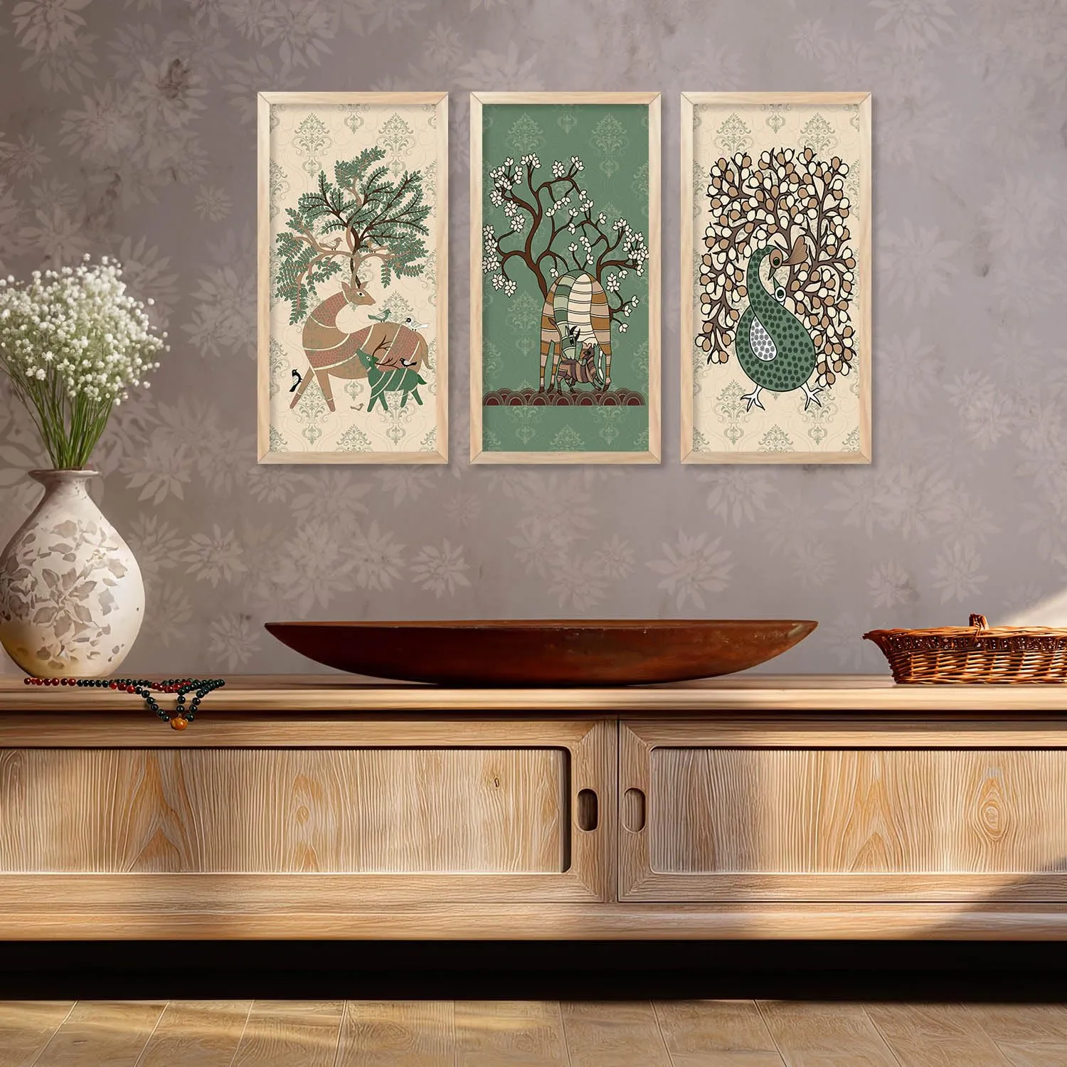 kotart Traditional Indian Art Pichwai Wall Hanging Paintings | Painting for wall Decoration | Traditional Indian Art Pichwai Wall Décor Paintings Set of 3 (10X19 INCH, A)