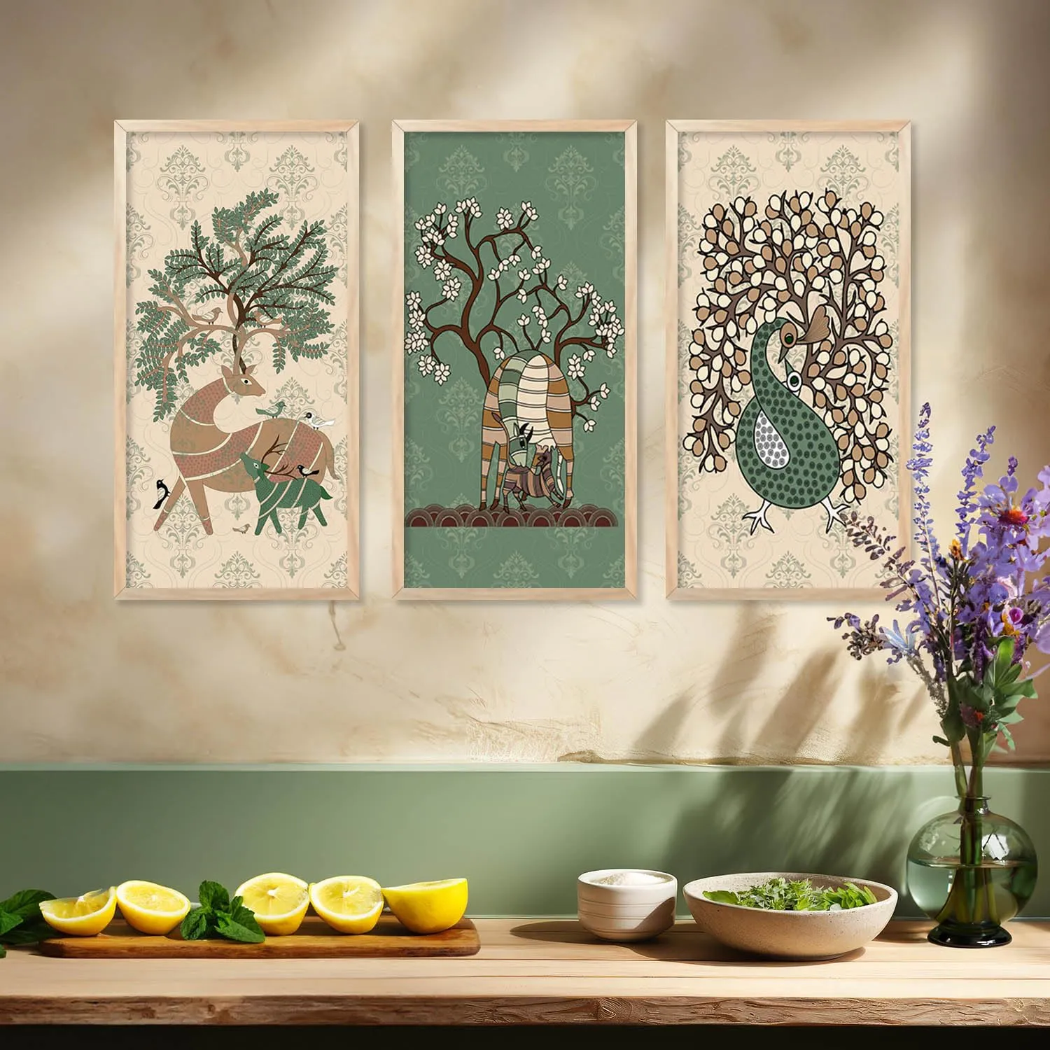 kotart Traditional Indian Art Pichwai Wall Hanging Paintings | Painting for wall Decoration | Traditional Indian Art Pichwai Wall Décor Paintings Set of 3 (10X19 INCH, A)