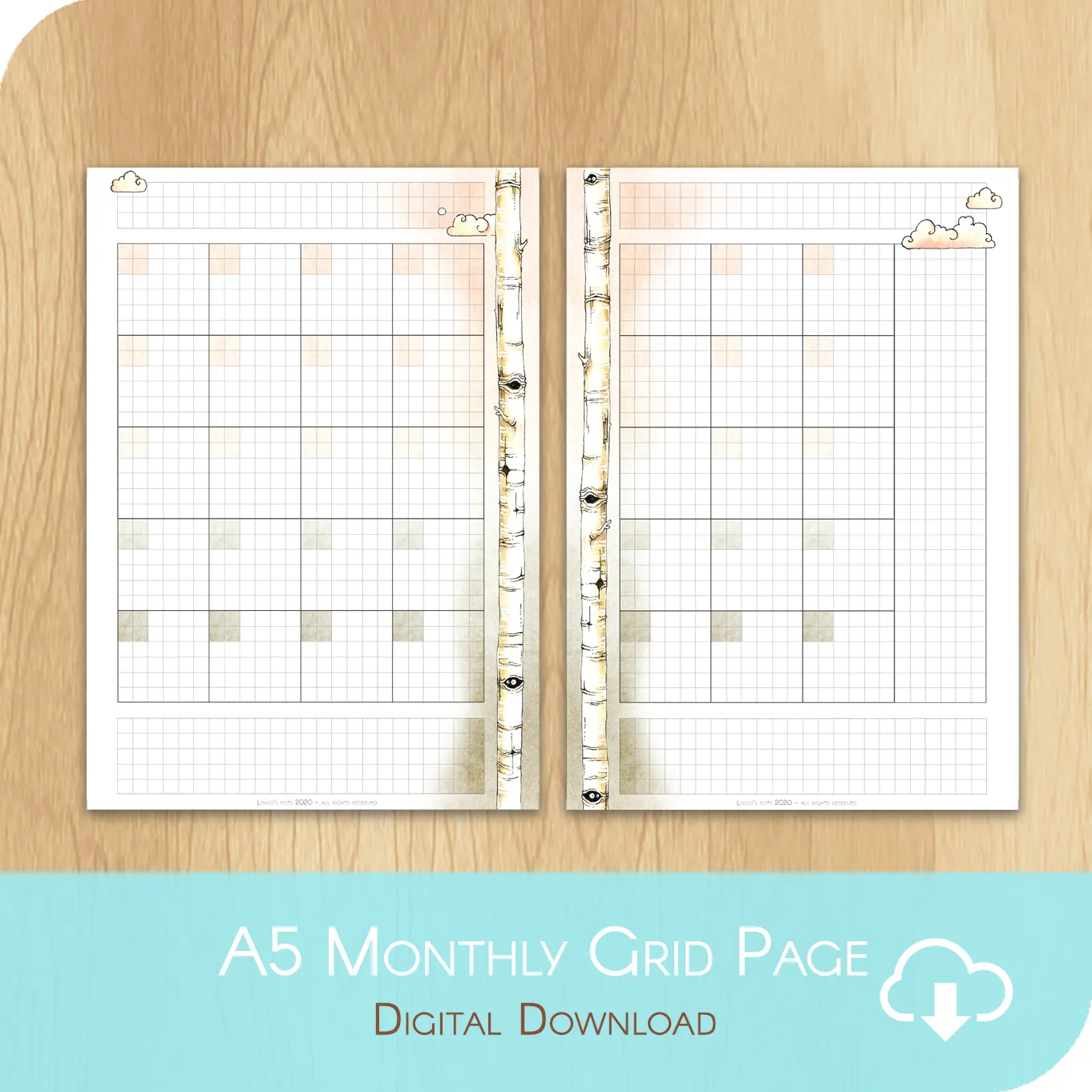 Love Is In The Air - Printable A5 Grid Undated Monthly - 1 Month on 2 Pages