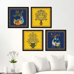 NoWorries Gond art Wall paintings for living room - Paintings wall decoration Wall frames for home decor (Theme-traditional) Set of 4 Multicolor