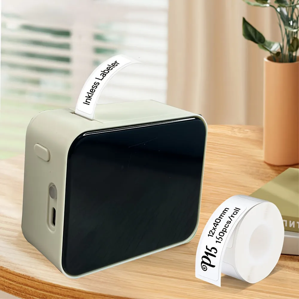 P15 label making machine Thermal label printer with adhesive tape Mini label machine Small handheld sticker making machine with multiple templates, used for office and home use, with 1 roll of paper