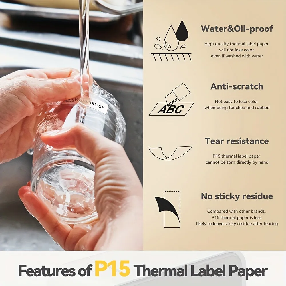 P15 label making machine Thermal label printer with adhesive tape Mini label machine Small handheld sticker making machine with multiple templates, used for office and home use, with 1 roll of paper