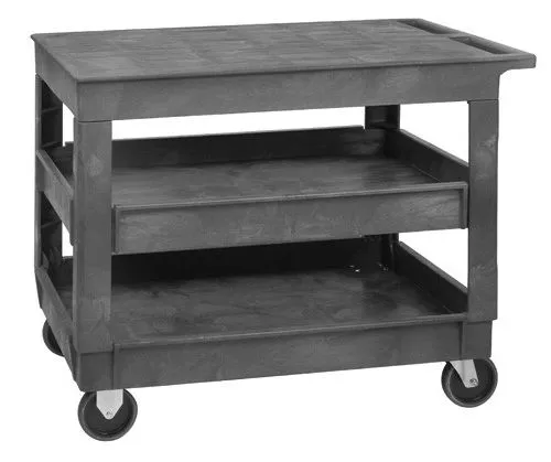 Quantum PFTC4026-33-3 Heavy-Duty Polypropylene Utility Cart with 1 Flat Shelf & 2 Tray Shelves, 26" x 40" x 32.5"